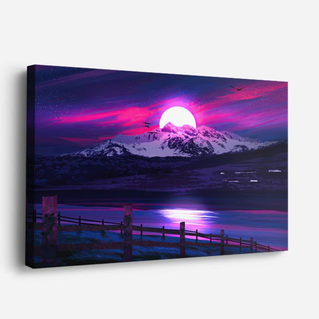 cuadro canvas montañas y nieve lago nevado atardecer rosa morado horizontal