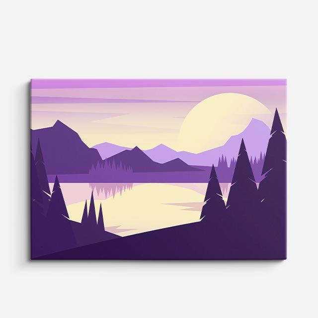 cuadro canvas montañas y nieve lago bosque morado luna grande horizontal