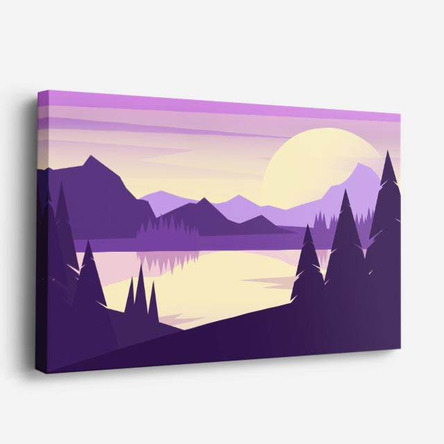 cuadro canvas montañas y nieve lago bosque morado luna grande horizontal
