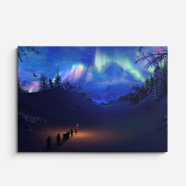 cuadro canvas montañas y nieve aurora boreal cabaña nevada horizontal