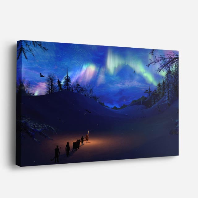 cuadro canvas montañas y nieve aurora boreal cabaña nevada horizontal
