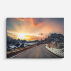 cuadro canvas montañas y nieve carretera nevada atardecer naranja horizontal