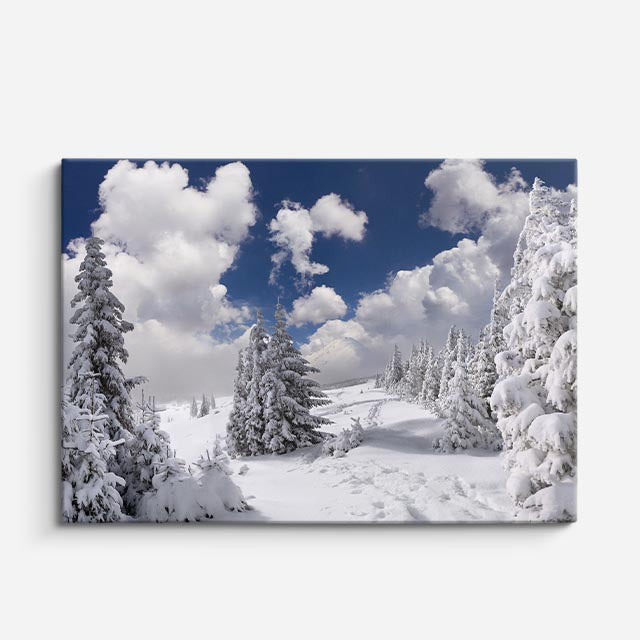 cuadro canvas montañas y nieve bosque nevado cielo azul horizontal