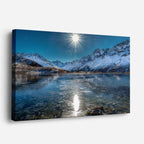 cuadro canvas montañas y nieve lago espejo montañas nevadas sol horizontal