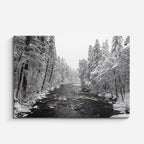cuadro canvas montañas y nieve bosque nevado río oscuro horizontal