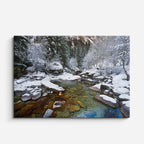 cuadro canvas montañas y nieve río nevado atardecer naranja horizontal
