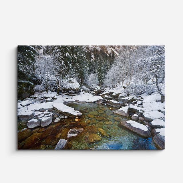 cuadro canvas montañas y nieve río nevado atardecer naranja horizontal