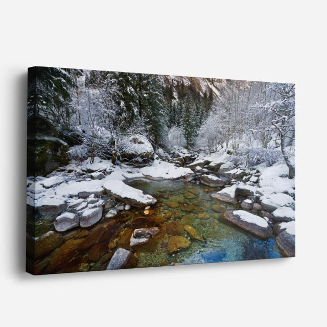 cuadro canvas montañas y nieve río nevado atardecer naranja horizontal