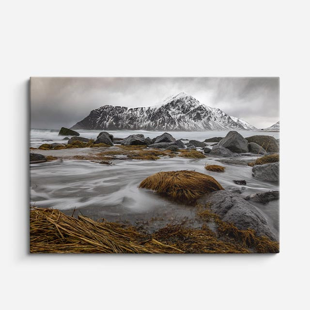 cuadro canvas montañas y nieve lago rocas nevadas gris horizontal