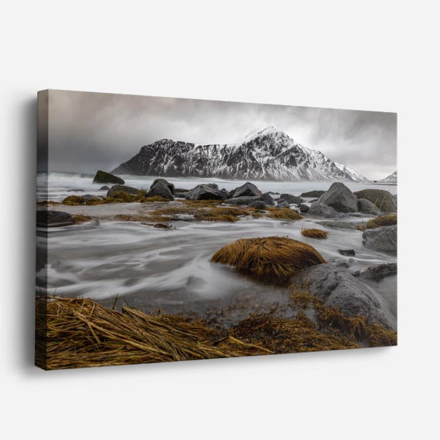 cuadro canvas montañas y nieve lago rocas nevadas gris horizontal