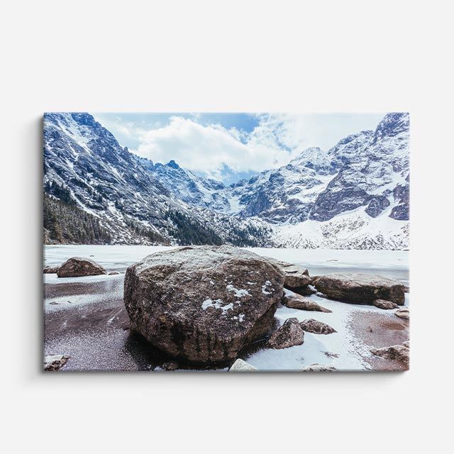 cuadro canvas montañas y nieve lago rocas nevadas frío horizontal