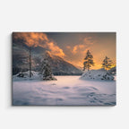 cuadro canvas montañas y nieve bosque nevado atardecer naranja horizontal