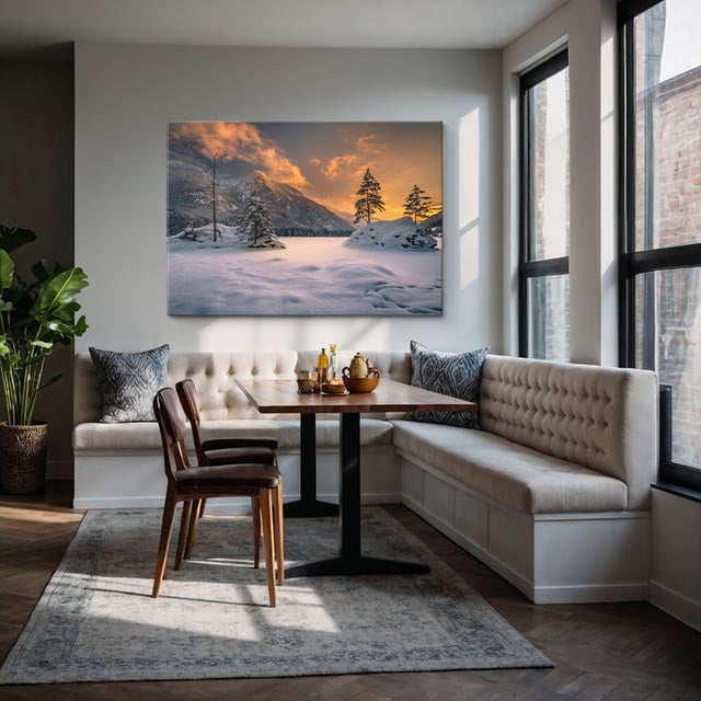cuadro canvas montañas y nieve bosque nevado atardecer naranja horizontal