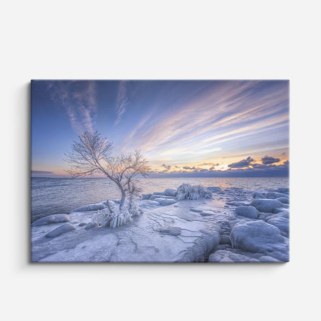 cuadro canvas montañas y nieve árbol nevado atardecer dramático horizontal