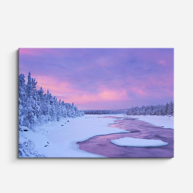 cuadro canvas montañas y nieve bosque nevado atardecer morado horizontal