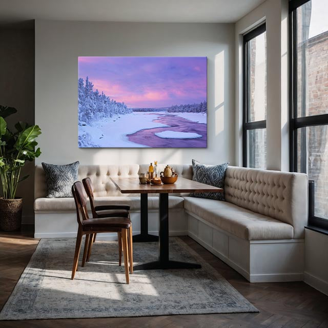 cuadro canvas montañas y nieve bosque nevado atardecer morado horizontal
