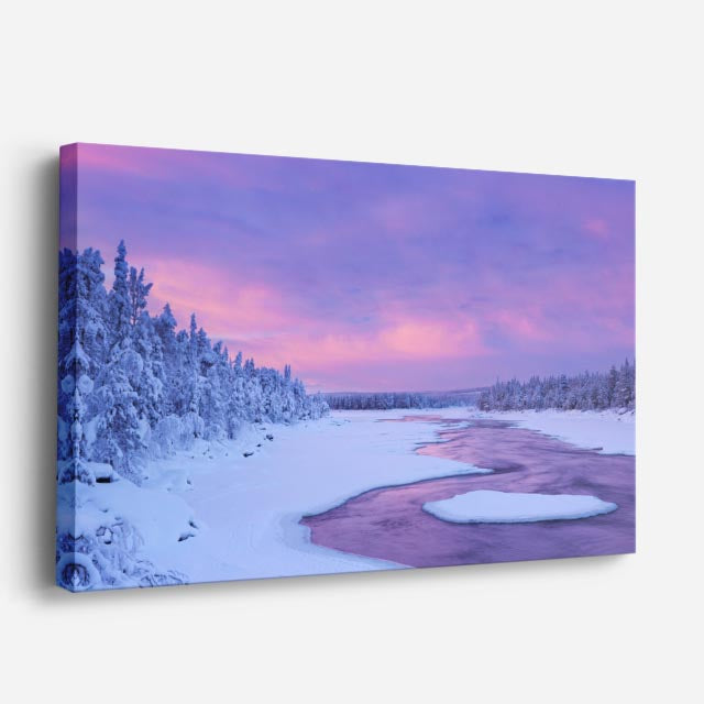 cuadro canvas montañas y nieve bosque nevado atardecer morado horizontal