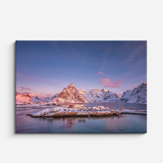 cuadro canvas montañas y nieve montaña nevada lago atardecer rosa horizontal