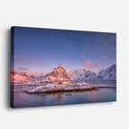 cuadro canvas montañas y nieve montaña nevada lago atardecer rosa horizontal