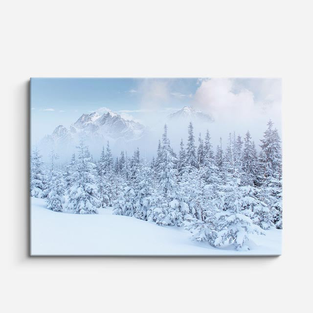 cuadro canvas montañas y nieve bosque nevado pinos blancos horizontal