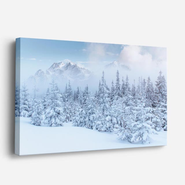 cuadro canvas montañas y nieve bosque nevado pinos blancos horizontal