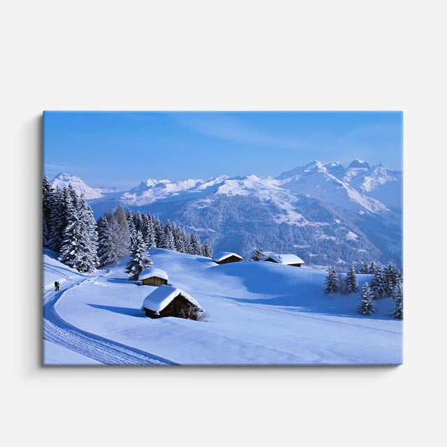 cuadro canvas montañas y nieve cabaña nevada bosque noche horizontal