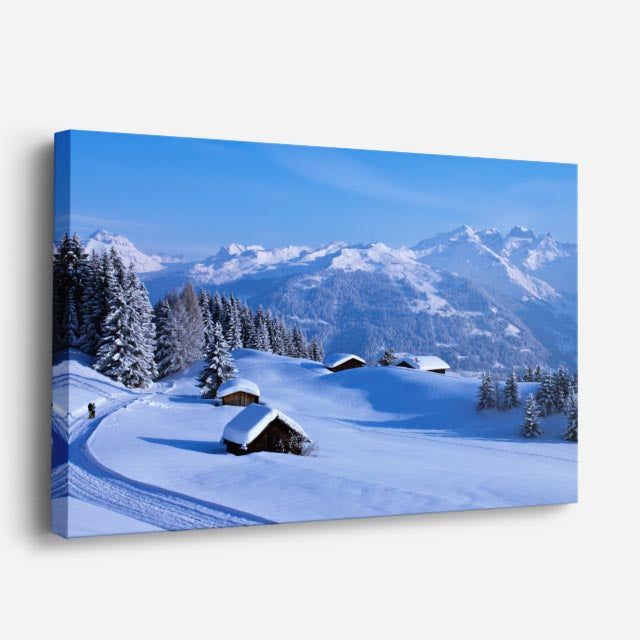 cuadro canvas montañas y nieve cabaña nevada bosque noche horizontal
