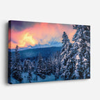 cuadro canvas montañas y nieve bosque nevado atardecer naranja dramático horizontal
