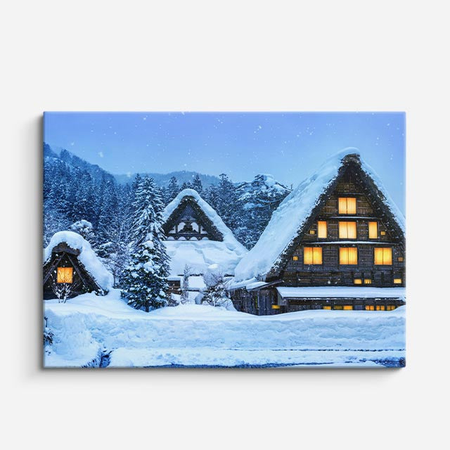 cuadro canvas montañas y nieve pueblo japonés nevado iluminado horizontal