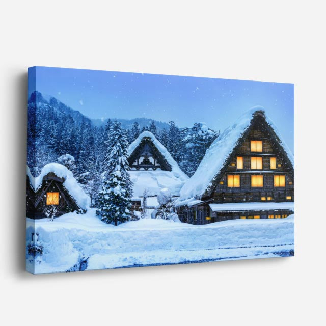 cuadro canvas montañas y nieve pueblo japonés nevado iluminado horizontal
