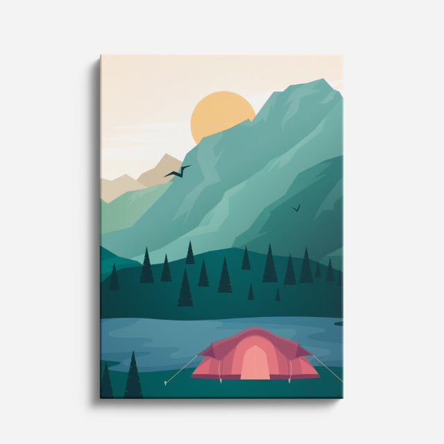 cuadro canvas montañas y nieve montañas verdes carpa roja ilustración vertical
