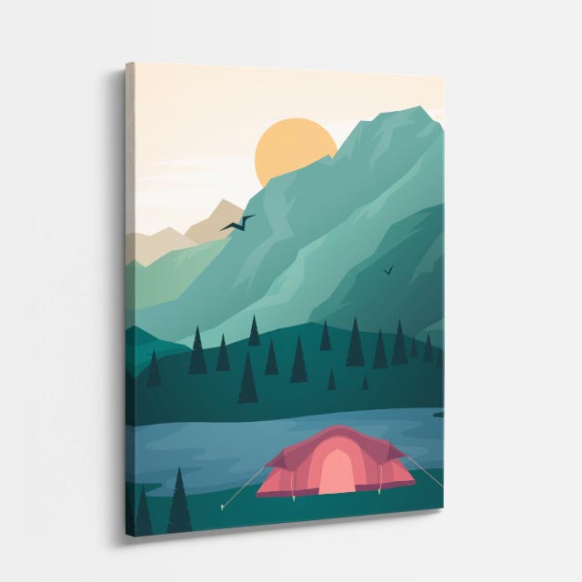 cuadro canvas montañas y nieve montañas verdes carpa roja ilustración vertical