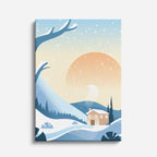 cuadro canvas montañas y nieve cabaña nevada luna grande ilustración vertical