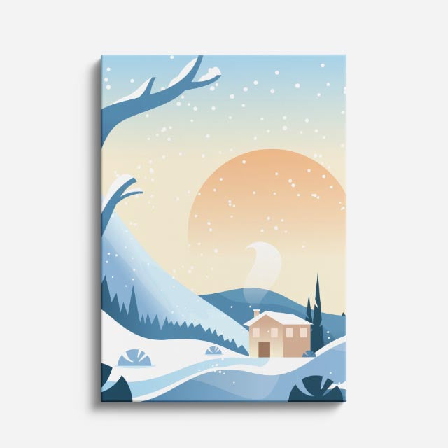 cuadro canvas montañas y nieve cabaña nevada luna grande ilustración vertical