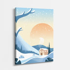 cuadro canvas montañas y nieve cabaña nevada luna grande ilustración vertical
