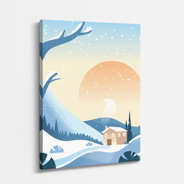cuadro canvas montañas y nieve cabaña nevada luna grande ilustración vertical