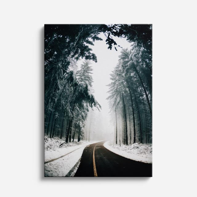 cuadro canvas montañas y nieve bosque nevado carretera oscura vertical