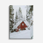 cuadro canvas montañas y nieve cabaña roja bosque nevado vertical