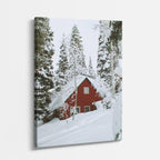 cuadro canvas montañas y nieve cabaña roja bosque nevado vertical