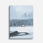 cuadro canvas montañas y nieve bosque nevado cabaña pequeña vertical