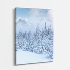 cuadro canvas montañas y nieve bosque nevado brumoso azul vertical
