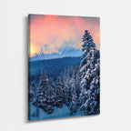 cuadro canvas montañas y nieve pinos nevados atardecer naranja vertical