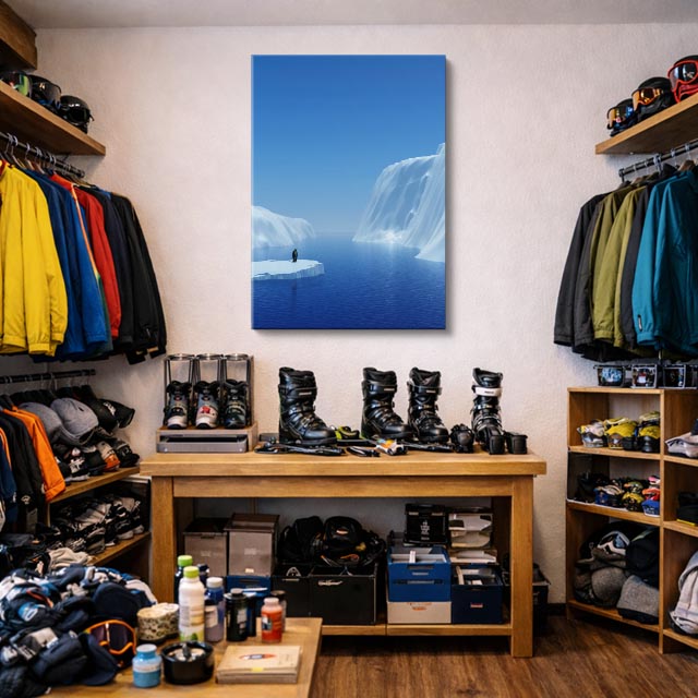 cuadro canvas montañas y nieve iceberg azul figura humana vertical