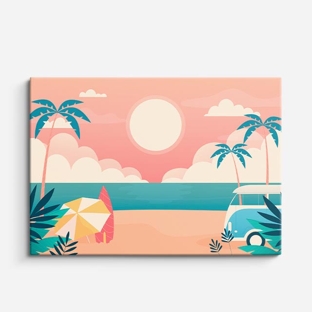 cuadro canvas mar y playa playa rosa palmeras ilustración horizontal