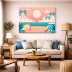 cuadro canvas mar y playa playa rosa palmeras ilustración horizontal