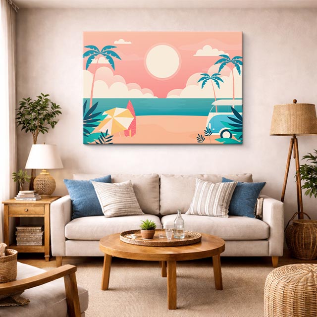 cuadro canvas mar y playa playa rosa palmeras ilustración horizontal