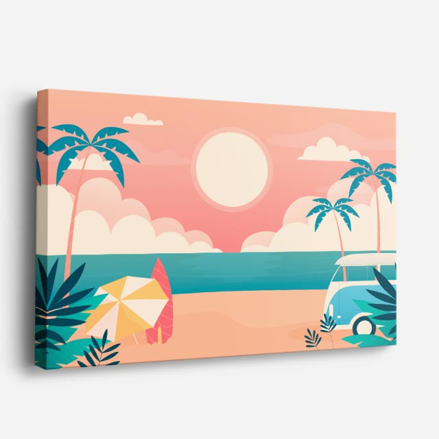 cuadro canvas mar y playa playa rosa palmeras ilustración horizontal