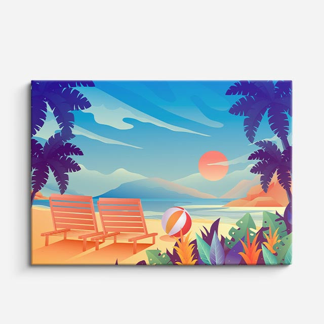 cuadro canvas mar y playa reposeras playa tropical ilustración horizontal
