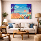 cuadro canvas mar y playa reposeras playa tropical ilustración horizontal