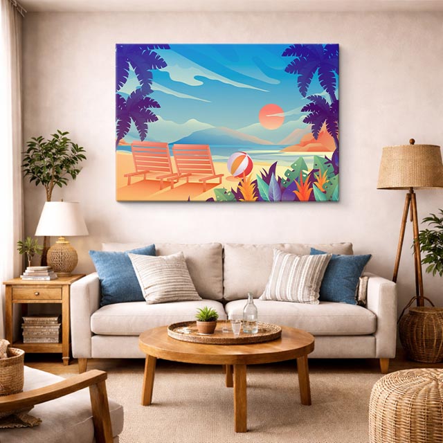 cuadro canvas mar y playa reposeras playa tropical ilustración horizontal
